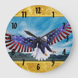 American flag Eagle flying in the sky gold foil Große Wanduhr
