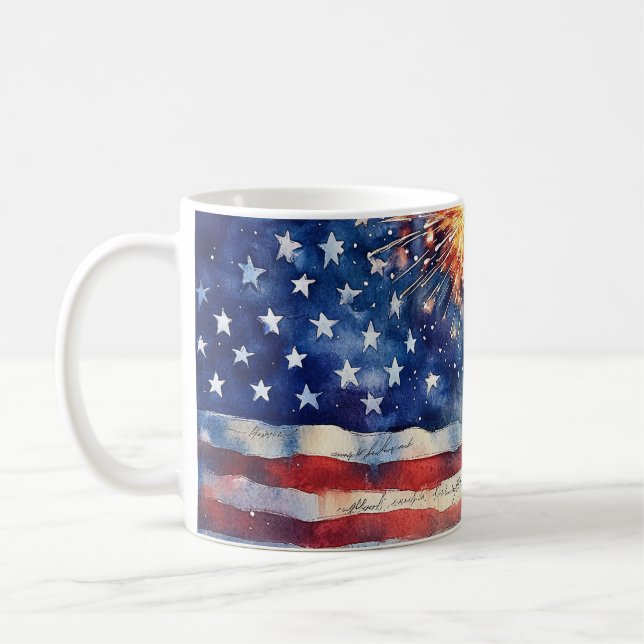 American flag. Fireworks.  Kaffeetasse (Links)