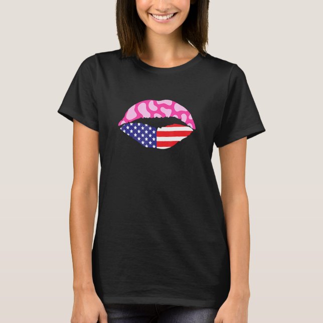 American Flag Lips Niedlich rosa Kuh Druck 4. Juli T-Shirt (Vorderseite)
