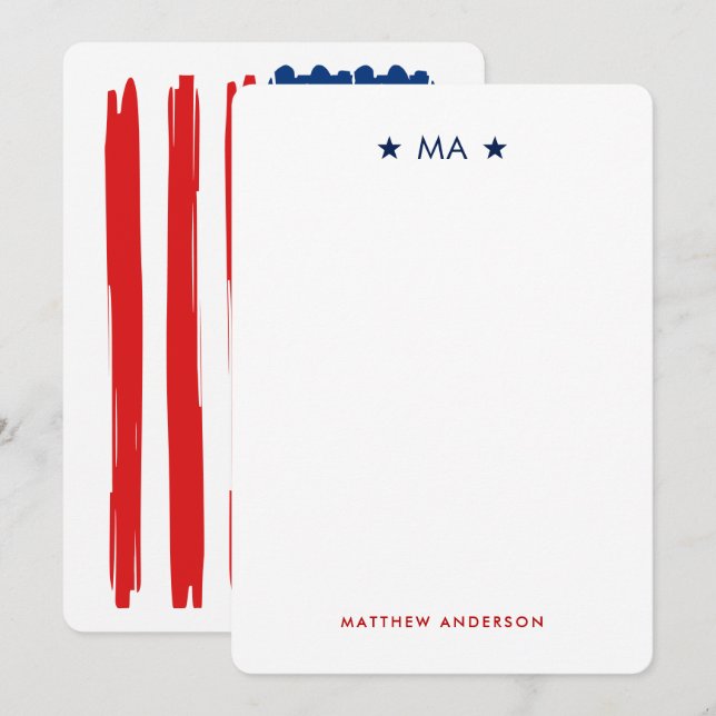American Flag Monogram & Name Personal Stationery Mitteilungskarte (Vorne/Hinten)