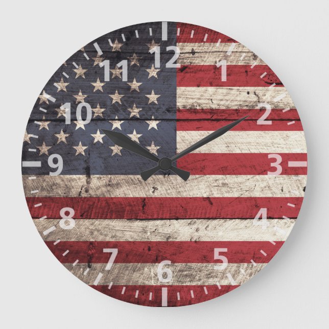 American Flag on Old Wood Grain Große Wanduhr (Vorderseite)
