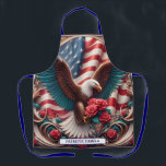 American Flag Patriotic Bald Eagle Schürze<br><div class="desc">Patriotic American Flag Bald Eagle & Roses Custom Name Apron – USA BBQ Kitchen Apron Show off your patriotic spirit in style with this bold Patriotic American Flag Bald Eagle and Roses Custom Name Apron. Featuring a powerful bald eagle set against the stars and stripes of the American flag, surrounded...</div>