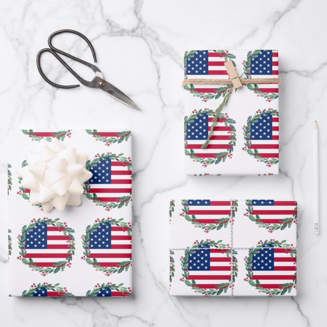American Flag Patriotic Christmas Wreath Geschenkpapier Set (Vorderseite)