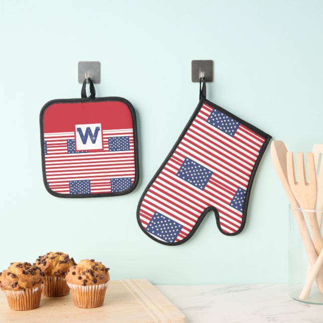 American Flag Pattern 4. Juli Personalisiert Ofenhandschuh & Topflappen-Set (Insitu (Hängend))