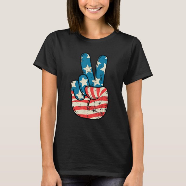 American Flag Peace Sign Hand 4th of July Patrioti T-Shirt (Vorderseite)
