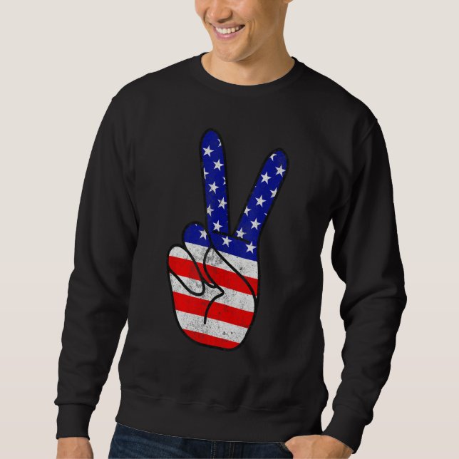 American Flag Peace Sign Hand Patriotic 4th Of Jul Sweatshirt (Vorderseite)