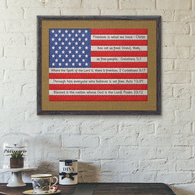 American Flag Quilt Bible Verse Burlap Poster (Von Creator hochgeladen)