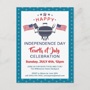 American Flag Red White Blue 4. JULY GRILLEN Party Einladungspostkarte