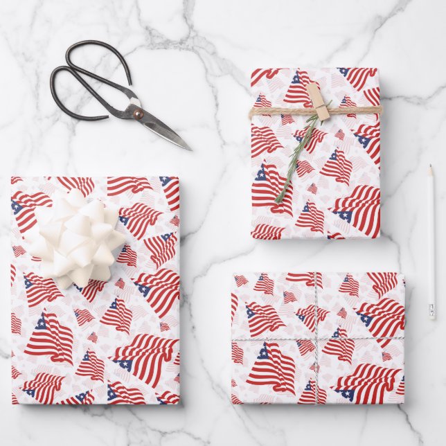 American Flag Red White Blue Random Muster Geschenkpapier Set (Vorderseite)