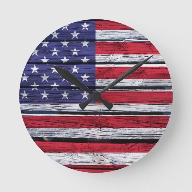 American Flag Rustic Wood Runde Wanduhr (Vorderseite)