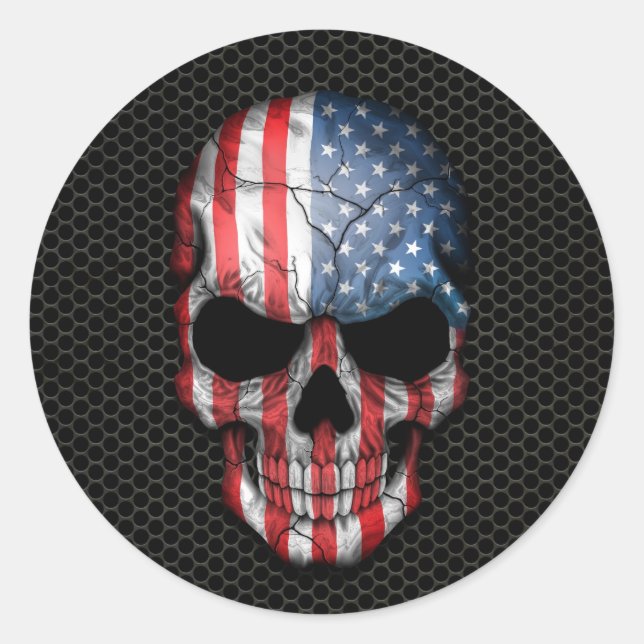 American Flag Skull on Steel Mesh Graphic Runder Aufkleber (Vorderseite)