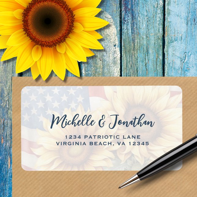 American Flag Sunflower Patriotic Rücksendeadresse Adressaufkleber (American Flag Sunflower Wedding Return Address Label)
