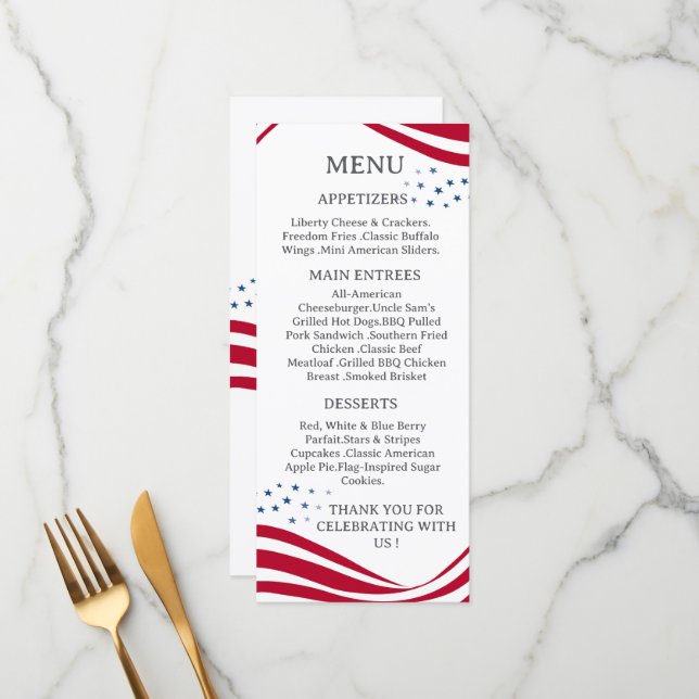 American Flag Theme Menu Card (Devant/Arrière en situation)