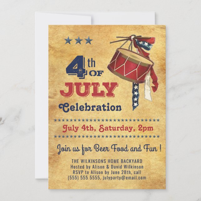 American Flag Vintag Drum 4. JULY Celebration Einladung (Vorderseite)