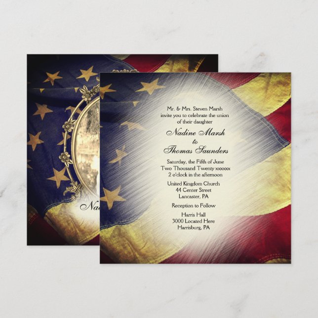 American Flag Wedding Invitation with Photograph Einladung (Vorne/Hinten)