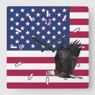 American Flag with Eagle Clock (Sq With Numbers) Quadratische Wanduhr