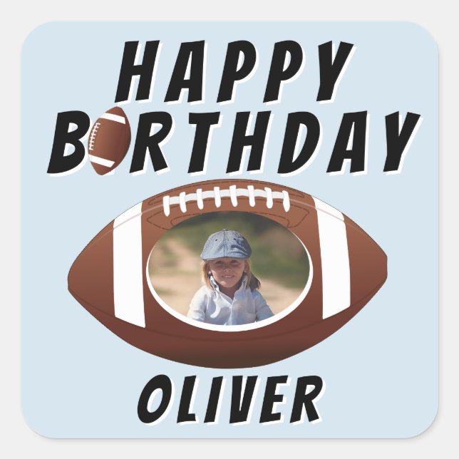 American Football Ball Birthday Boy Foto Quadratischer Aufkleber (Vorderseite)