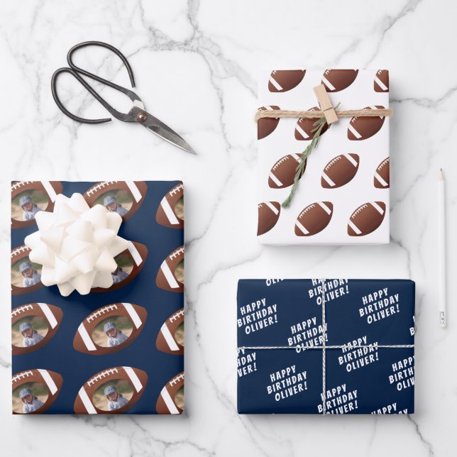 American Football Ball Happy Birthday Boy Foto Geschenkpapier Set (Vorderseite)