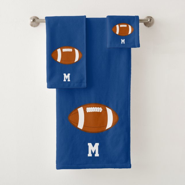 American Football Ball & Monogram on Royal Blue Badhandtuch Set (Insitu)