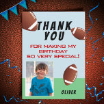 American Football Ball Sports Kids Birthday Photo Dankeskarte<br><div class="desc">American Football Ball Sports Kids Birthday Photo Thank You Card. Football themed birthday thank you card with a thank you message,  child`s name,  child`s photo and football balls. Personalize this football card with your name and your child`s photo. Great for kids who love football and sports.</div>