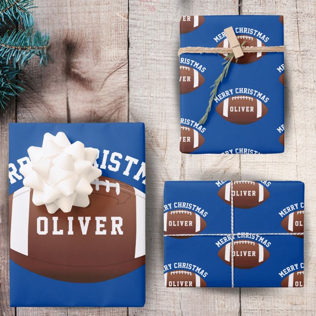 American Football Balls Name Blue Christmas Geschenkpapier Set (Von Creator hochgeladen)