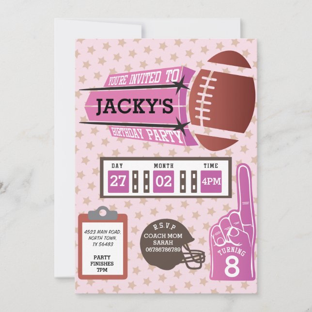 American Football Birthday Party Girls Pink Einlad Einladung (Vorderseite)