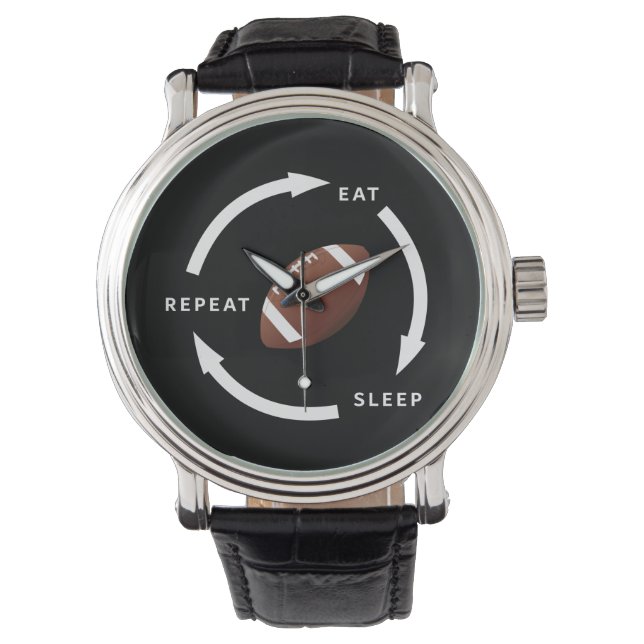 American Football Eat Sleep Wiederholung Sport Fan Armbanduhr (Vorderseite)
