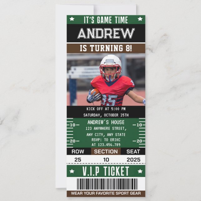American Football Ticket mit benutzerdefiniertem F Einladung (Vorderseite)
