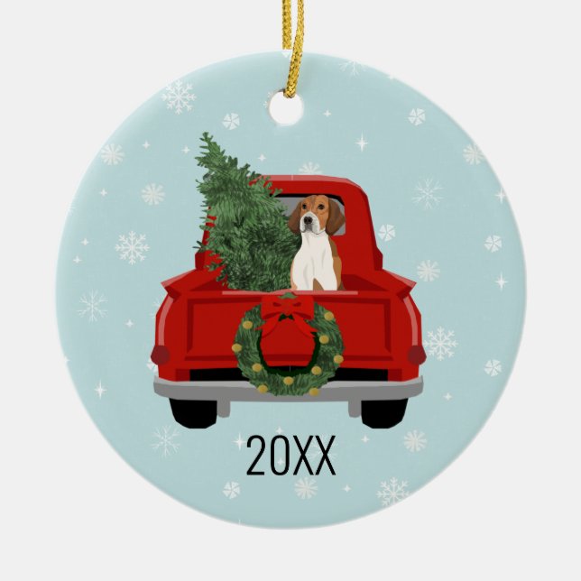 American Foxhound Christmas Red Truck Keramik Ornament (Vorne)