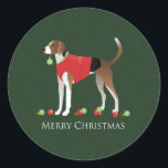 American Foxhound Christmas Runder Aufkleber<br><div class="desc">American Foxhound Jagdhund züchten Seitenansicht Silhouette Weihnachtsdesign. Diese Silhouette kann auch vertreten: Englisch Foxhound, Foxhound, Hund, Jagdhund, Austrian Pinscher, Ariegeois, Catahoula Leopard Dog, Leopard Dog, Blue Lacy, Braque Saint-Germain, French White and Black Hound, Norwegian Hound, Dunker, Estonian Hound, Hamilton Hound, Swedish Foxhound, Halden Hound, Finland und, Hellenic Hound, Griechischer Hund...</div>