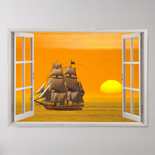 American Frigate Sails at Sunset Fake Window Poster (Vorne)