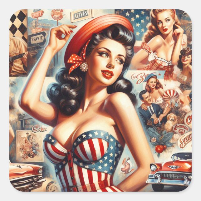 American Girl Button-Up Collage Quadratischer Aufkleber (Vorderseite)