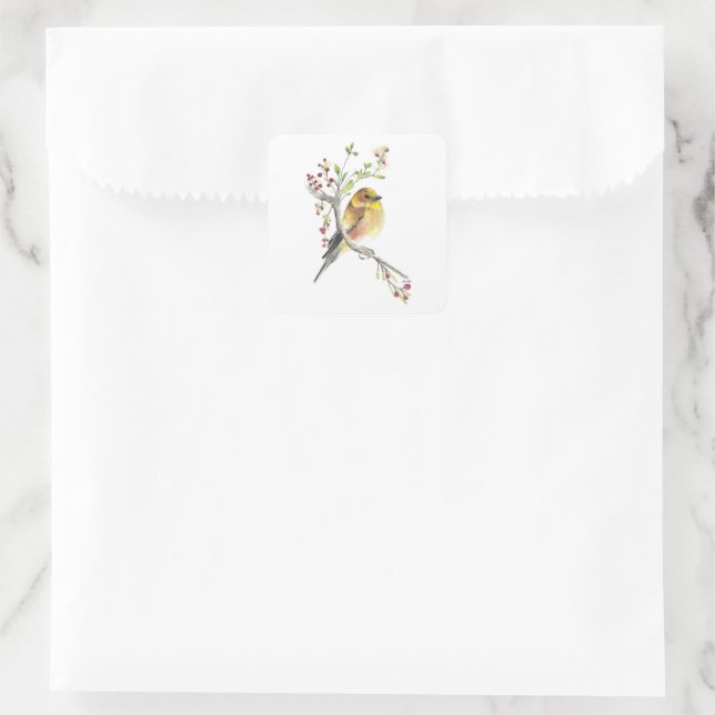 American Goldfinch Bird Berries Quadratischer Aufkleber (Tasche)