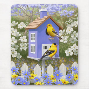 American Goldfinch Bird House Flower Garden Mousepad