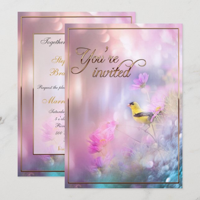 American Goldfinch & Blume/Gold Trimm Einladung (Vorne/Hinten)