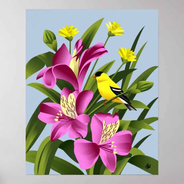American Goldfinch und Alstroemeria Blume Art Poster (Vorne)