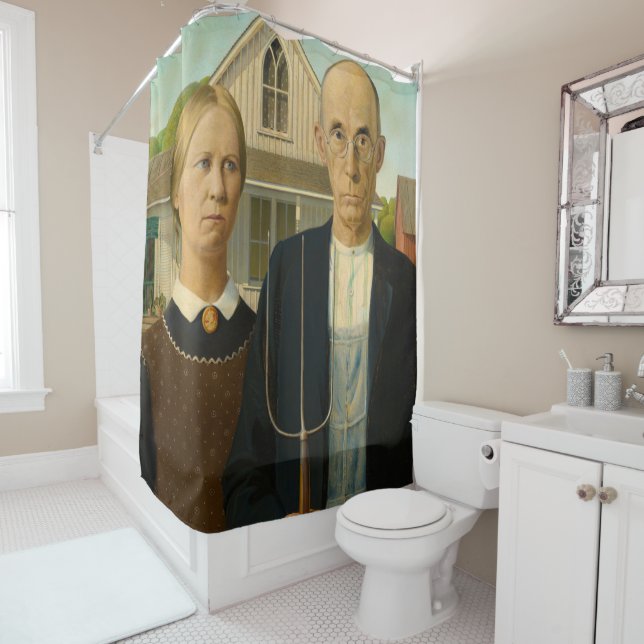 American Gothic, 1930 von Grant Wood Duschvorhang (Beispiel)