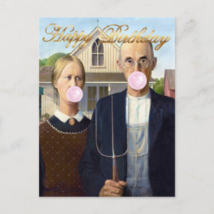 American Gothic Blowing Pink Bubble Kaugummi Postkarte