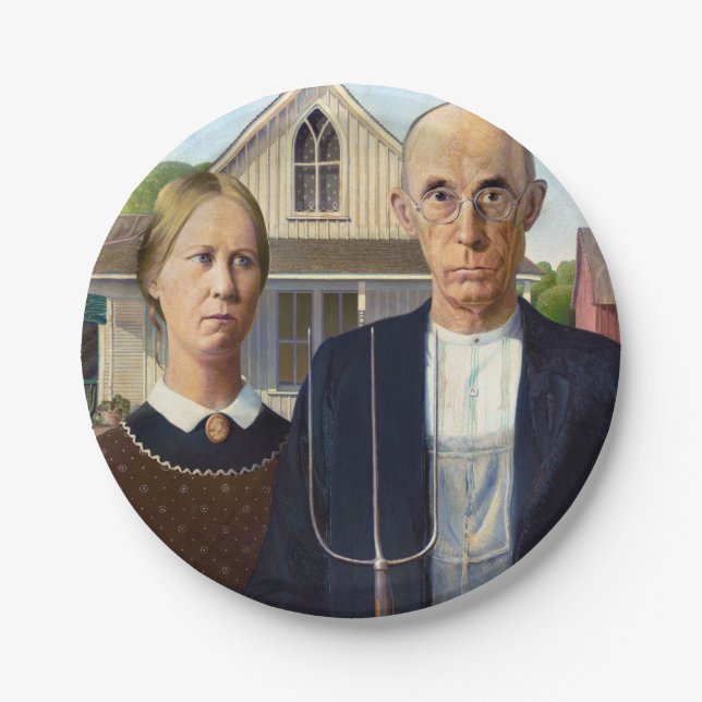 American Gothic Classic Painting Grant Wood Pappteller (Vorderseite)