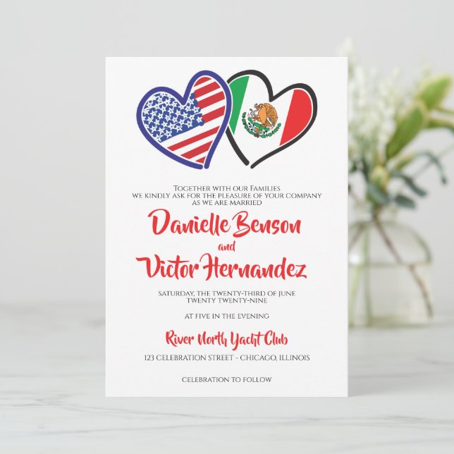 American Heart Flags Wedding Einladung (Stehend Vorderseite)