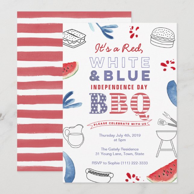 American Holidays GRILLEN Partys Red White Blue Einladung (Vorne/Hinten)