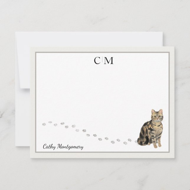 American Kurz Hair Brown Tabby Cat Monogram Name Mitteilungskarte (Vorderseite)