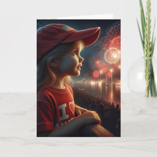 American Little Girl Watching Fireworks Karte (Vorderseite)