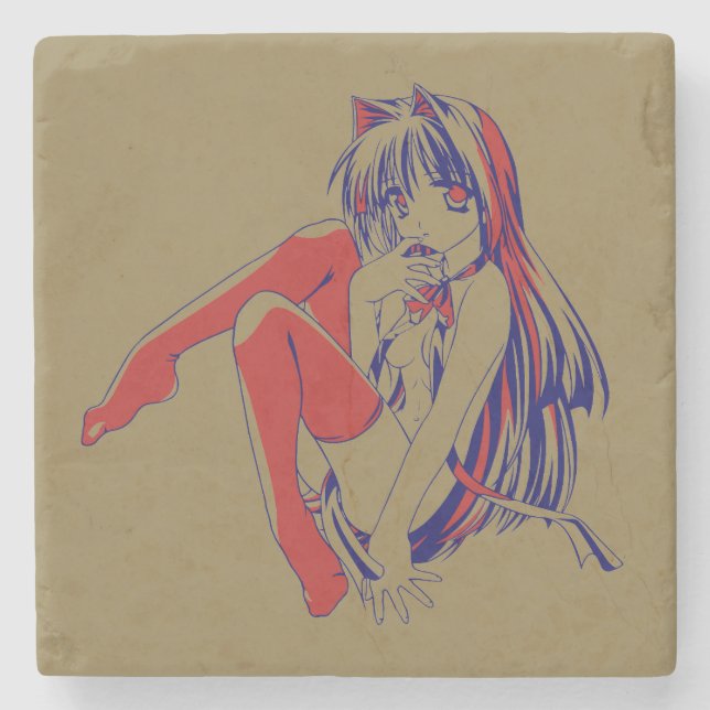 American Manga Neko Catgirl Kawaii Anime Steinuntersetzer (Vorderseite)