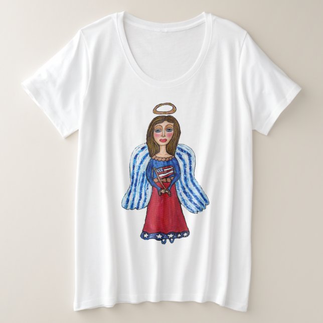 American Patriotic Angel Red White Blue USA Flag Große Größe T-Shirt (Design vorne)