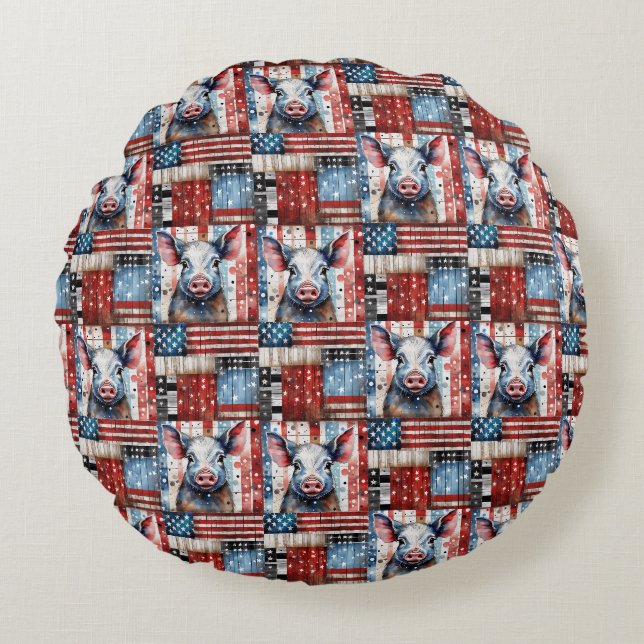 American Pig Farm Folk Art Rundes Kissen (Vorderseite)