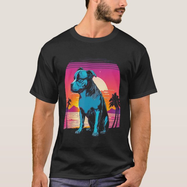 American Pit Bull Terrier Retro 80s Style Sunset T-Shirt (Vorderseite)