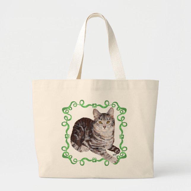 American Shorthath Tabby Cat Green Ribbon Jumbo Stoffbeutel (Vorne)