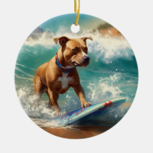 American Staffordshire Beach Surfing Malerei Keramik Ornament