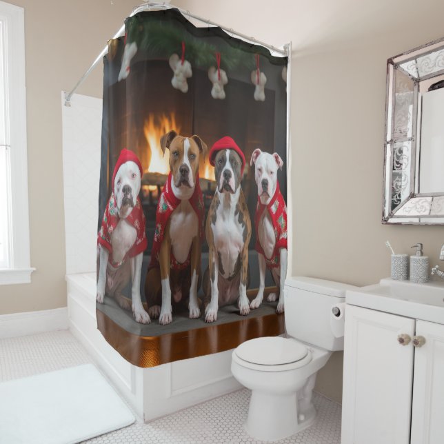 American Staffordshire by Fireplace Christmas Duschvorhang (Beispiel)